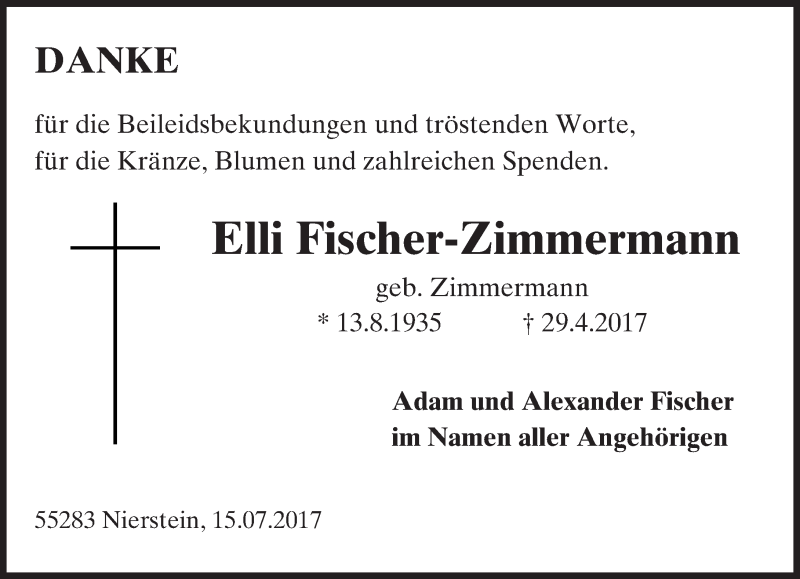 Traueranzeige für Elli Fischer-Zimmermann vom 15.07.2017 aus Trauerportal Rhein Main Presse
