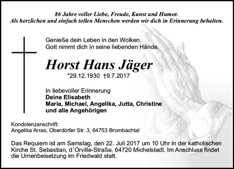  Traueranzeige für Horst Hans Jäger vom 15.07.2017 aus Trauerportal Echo Online