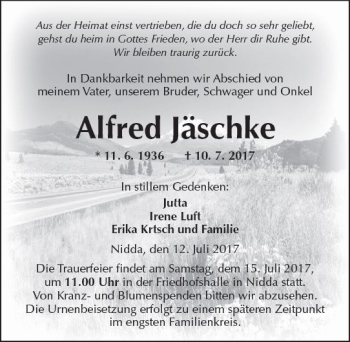 Traueranzeige von Alfred Jäschke von  Kreisanzeiger