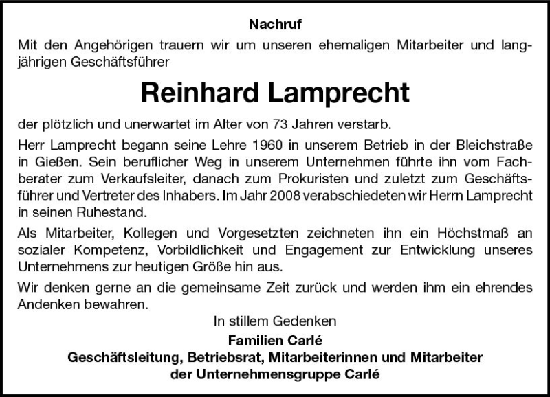  Traueranzeige für Reinhard Lamprecht vom 08.07.2017 aus  Gießener Anzeiger