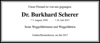 Traueranzeige von Burkhard Scherer von  Gießener Anzeiger