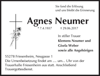 Traueranzeige von Agnes Neumer von Trauerportal Rhein Main Presse
