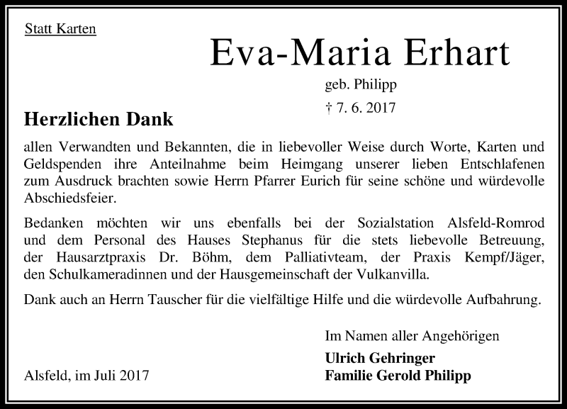  Traueranzeige für Eva-Maria Erhart vom 15.07.2017 aus VRM Trauer
