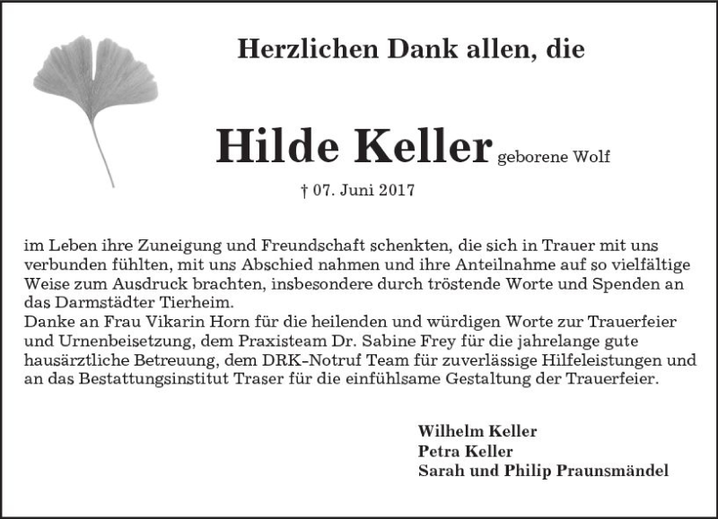  Traueranzeige für Hilde Keller vom 01.07.2017 aus Trauerportal Echo Online