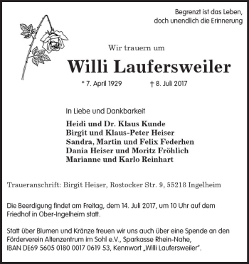 Traueranzeige von Willi Laufersweiler von Trauerportal Rhein Main Presse