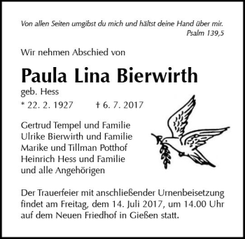 Traueranzeige von Paila Lina Bierwirth von  Gießener Anzeiger