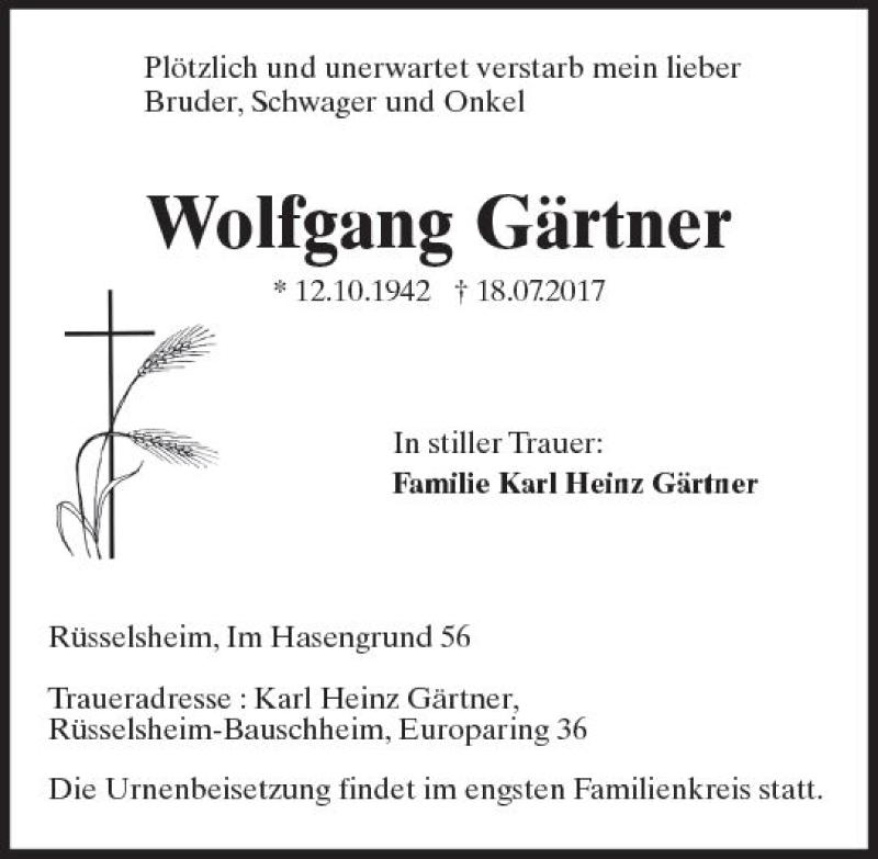  Traueranzeige für Wolfgang Gärtner vom 22.07.2017 aus Trauerportal Rhein Main Presse