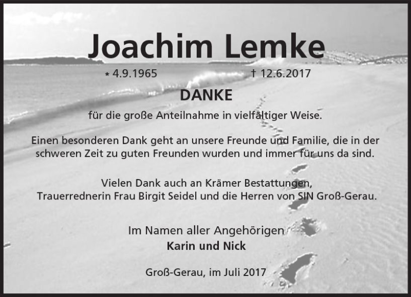  Traueranzeige für Joachim Lemke vom 15.07.2017 aus Trauerportal Echo Online
