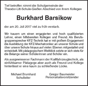 Traueranzeige von Burkhard Barsikow von  Gießener Anzeiger