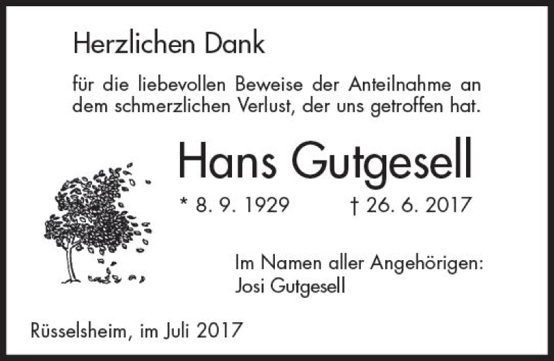 Traueranzeige für Hans Gutgesell vom 14.07.2017 aus Trauerportal Rhein Main Presse