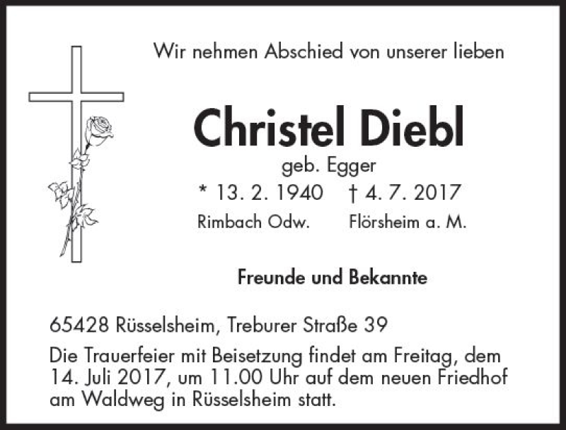  Traueranzeige für Christel Diebl vom 08.07.2017 aus Trauerportal Echo Online