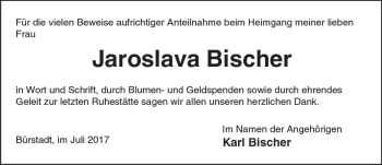 Traueranzeige von Jaroslava Bischer von Trauerportal Echo Online