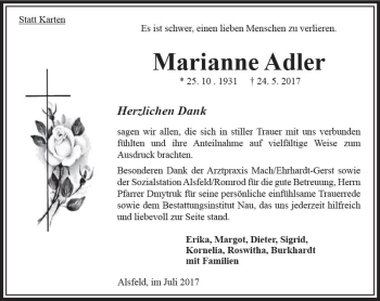 Traueranzeige von Marianne Adler von VRM Trauer