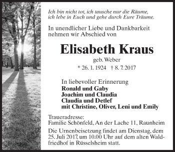 Traueranzeige von Elisabeth Kraus von Trauerportal Rhein Main Presse
