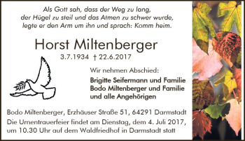 Traueranzeige von Horst Miltenberger von Trauerportal Echo Online