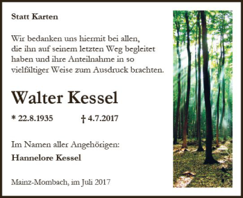 Traueranzeige von Walter Kessel von Trauerportal Rhein Main Presse