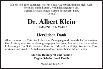 Traueranzeige von Albert Klein von Trauerportal Rhein Main Presse