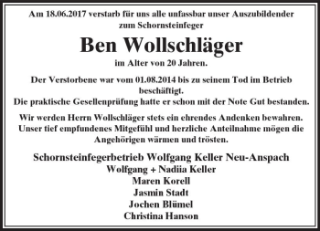 Traueranzeige von Ben Wollschläger von  Usinger Anzeiger