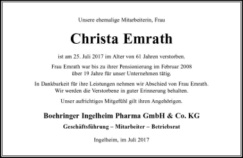 Traueranzeige von Christa Emrath von Trauerportal Rhein Main Presse