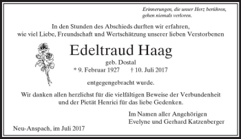 Traueranzeige von Edeltraud Haag von  Usinger Anzeiger