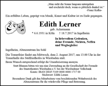 Traueranzeige von Edith Lerner von Trauerportal Rhein Main Presse