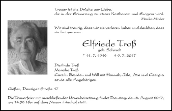 Traueranzeige von Elfriede Troß von  Gießener Anzeiger