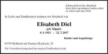 Traueranzeige von Elisabeth Diel von Trauerportal Rhein Main Presse