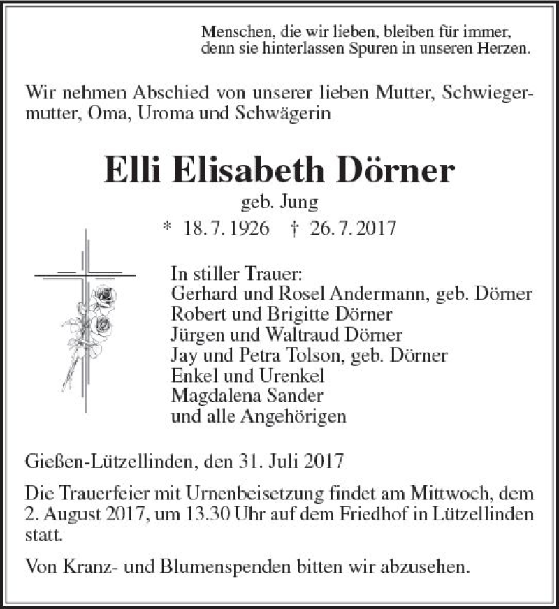  Traueranzeige für Elli Elisabeth Dörner vom 31.07.2017 aus  Gießener Anzeiger