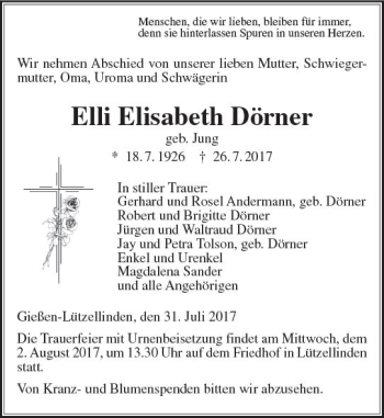 Traueranzeige von Elli Elisabeth Dörner von  Gießener Anzeiger
