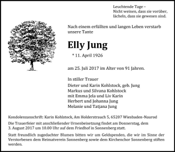 Traueranzeige von Elly Jung von Trauerportal Rhein Main Presse