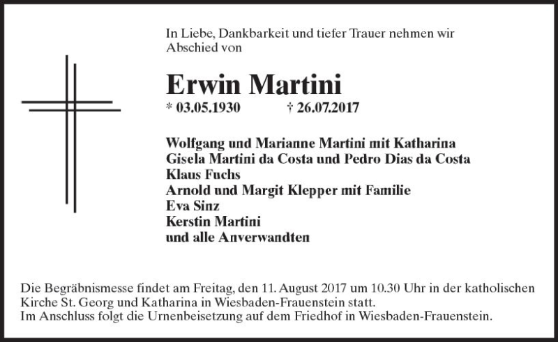  Traueranzeige für Erwin Martini vom 29.07.2017 aus Trauerportal Rhein Main Presse