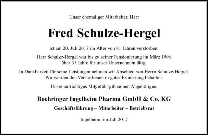  Traueranzeige für Fred Schulze-Hergel vom 29.07.2017 aus Trauerportal Rhein Main Presse