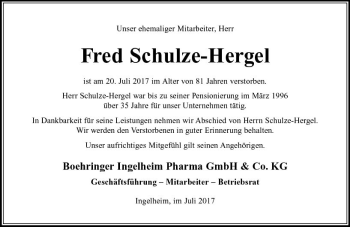 Traueranzeige von Fred Schulze-Hergel von Trauerportal Rhein Main Presse