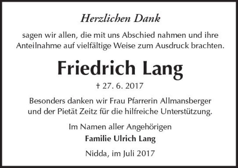  Traueranzeige für Friedrich Lang vom 29.07.2017 aus  Kreisanzeiger