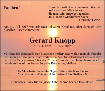 Traueranzeige von Gerard Knopp von  Gießener Anzeiger