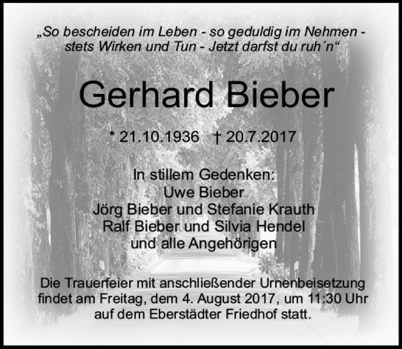  Traueranzeige für Gerhard Bieber vom 29.07.2017 aus Trauerportal Echo Online