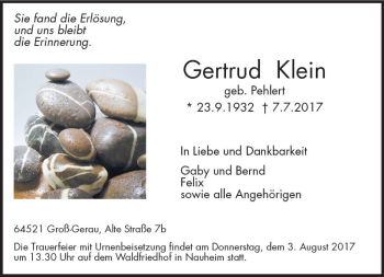 Traueranzeige von Gertrud Klein von Trauerportal Rhein Main Presse