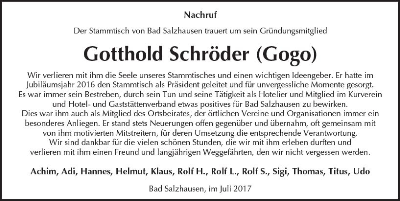  Traueranzeige für Gotthold Schröder vom 29.07.2017 aus  Kreisanzeiger