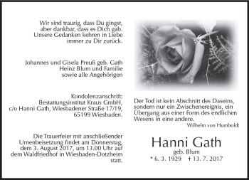 Traueranzeige von Hanni Gath von Trauerportal Rhein Main Presse