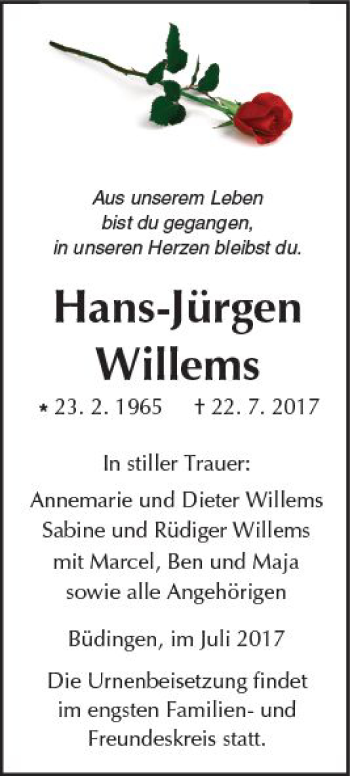 Traueranzeige von Hans-Jürgen Willems von  Kreisanzeiger