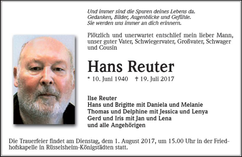  Traueranzeige für Hans Reuter vom 29.07.2017 aus Trauerportal Rhein Main Presse