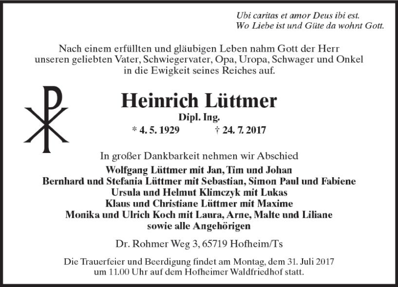  Traueranzeige für Heinrich Lüttmer vom 28.07.2017 aus Trauerportal Rhein Main Presse