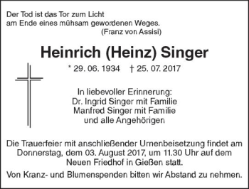 Traueranzeige von Heinrich Singer von  Gießener Anzeiger
