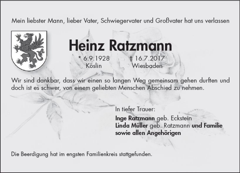  Traueranzeige für Heinz Ratzmann vom 29.07.2017 aus Trauerportal Rhein Main Presse