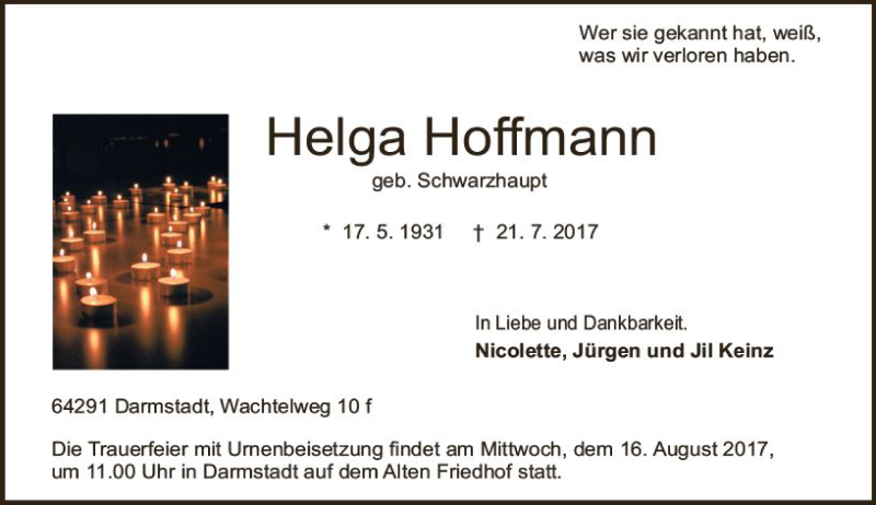  Traueranzeige für Helga Hoffmann vom 29.07.2017 aus Trauerportal Echo Online