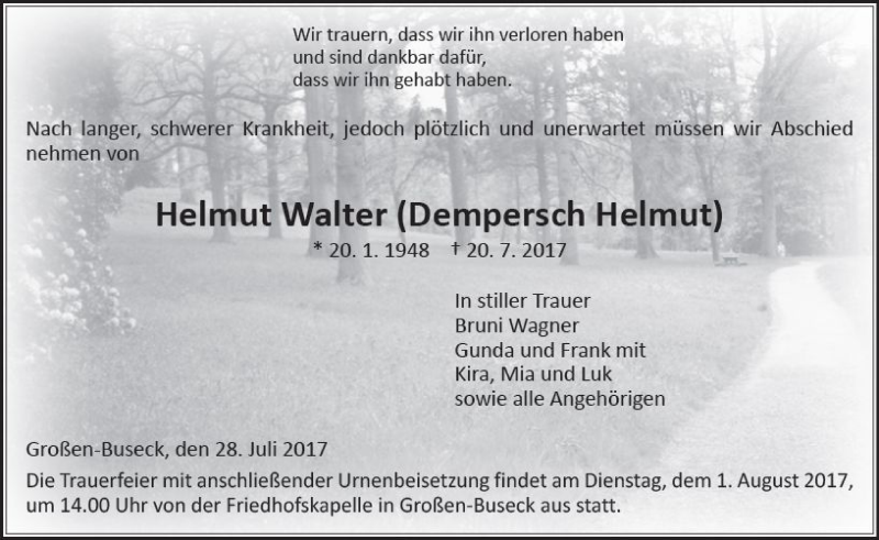  Traueranzeige für Helmut Walter vom 28.07.2017 aus  Gießener Anzeiger