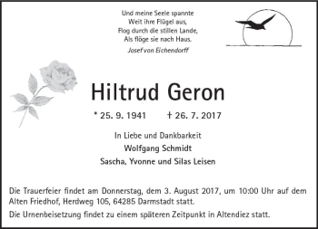 Traueranzeige von Hiltrud Geron von Trauerportal Echo Online