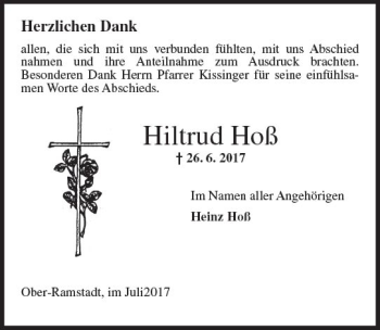Traueranzeige von Hiltrud Hoß von Trauerportal Echo Online