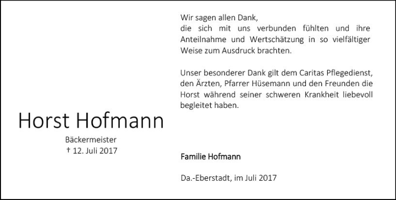  Traueranzeige für Horst Hofmann vom 29.07.2017 aus Trauerportal Echo Online