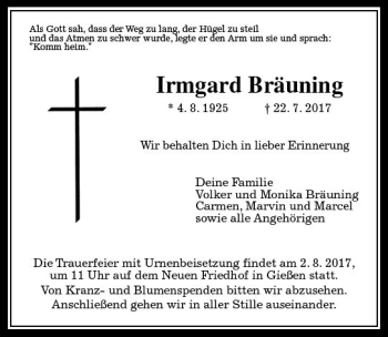 Traueranzeige von Irmgard Bräuning von  Gießener Anzeiger